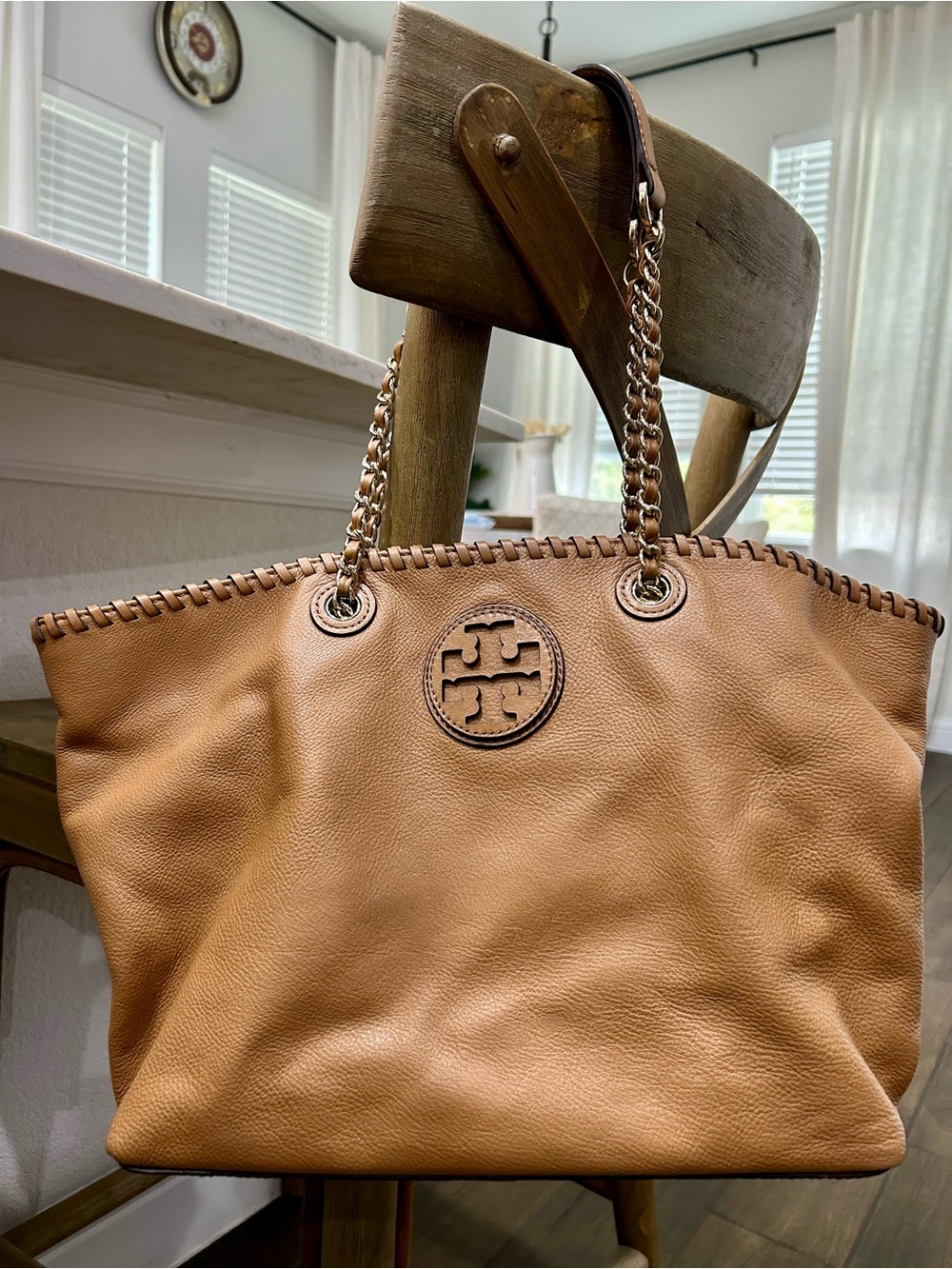 Tory Burch Caramel Tan Leather Chain-Handle Tote